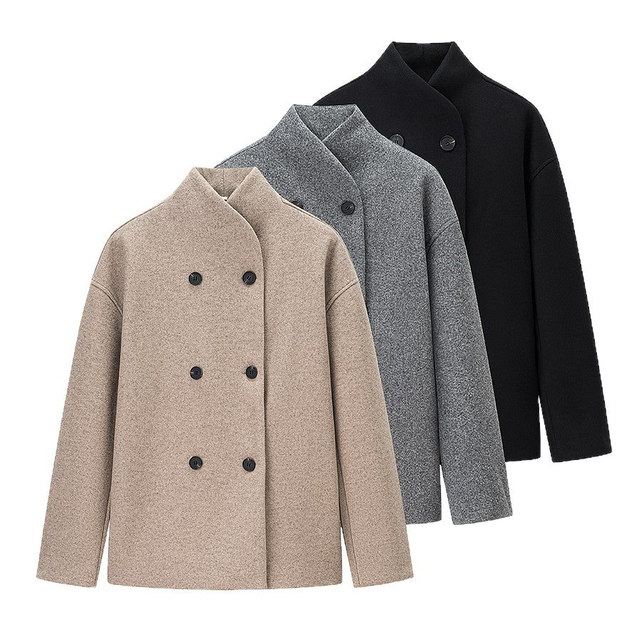 Women Boxy Double-breasted Wool Blend Coat with High Wrap Collar Fashion Glam