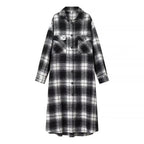 Women Checked Longline Shirt Coat made of Wool Blend with Oversized Silhouette and Flap Pockets Fashion Glam