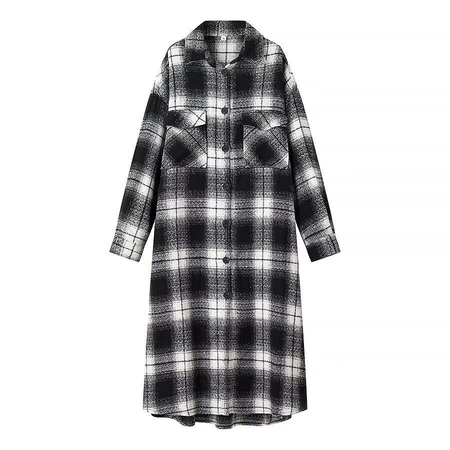 Women Checked Longline Shirt Coat made of Wool Blend with Oversized Silhouette and Flap Pockets Fashion Glam