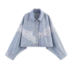 Women cropped denim jacket with lace trim and dropped shoulder Fashion Glam