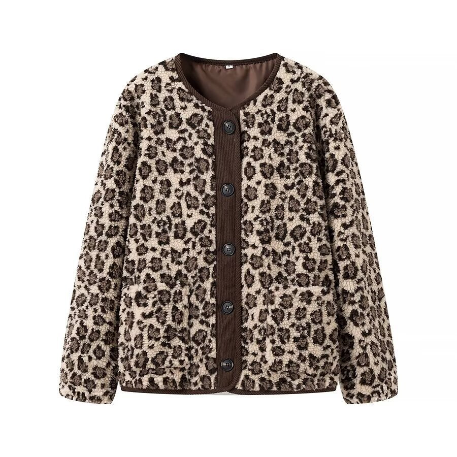 Ladies short jacket with leopard print and teddy fleece button placket Fashion Glam