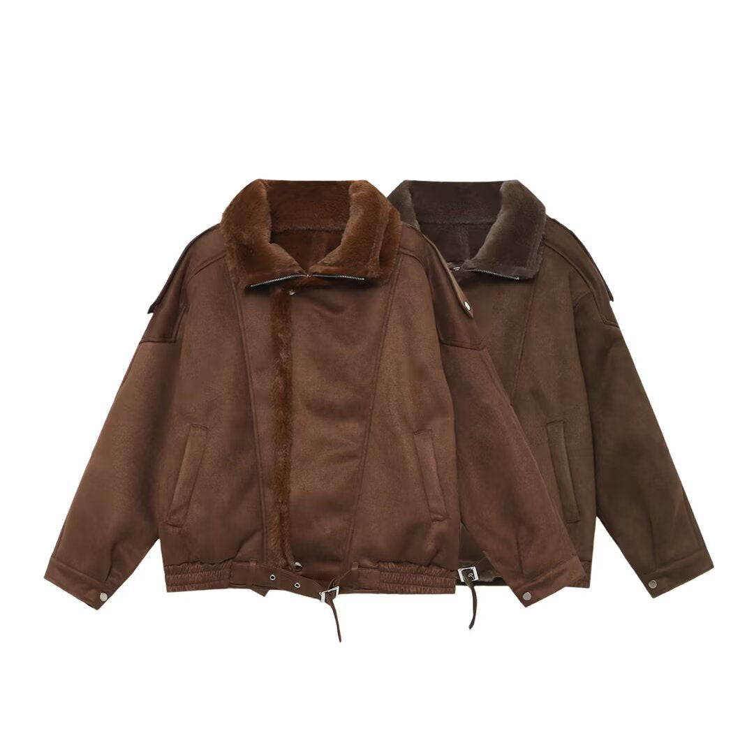 Women's Oversized Aviator Jacket with Teddy Lining, Stand Collar and Waist Belt Fashion Glam