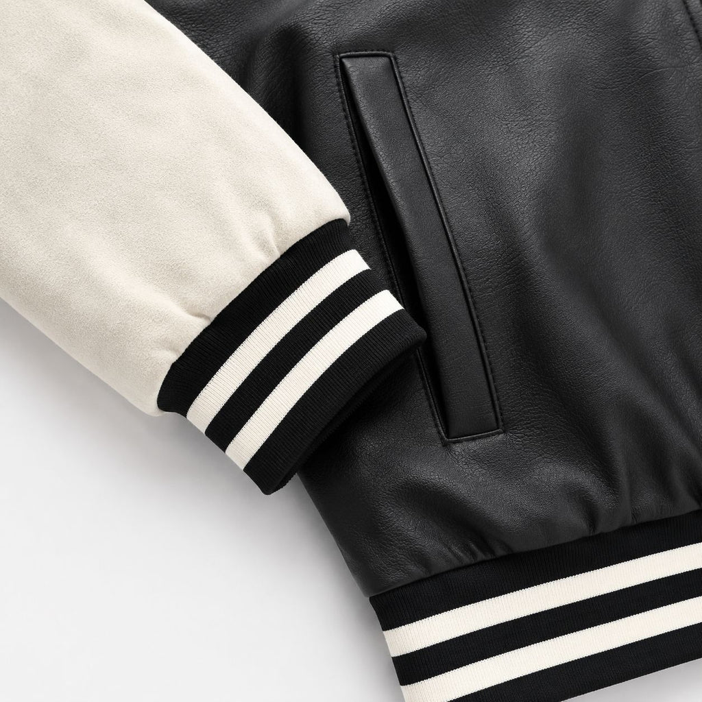 Men's varsity bomber jacket in college style with faux leather body and contrasting suede sleeves Fashion Glam