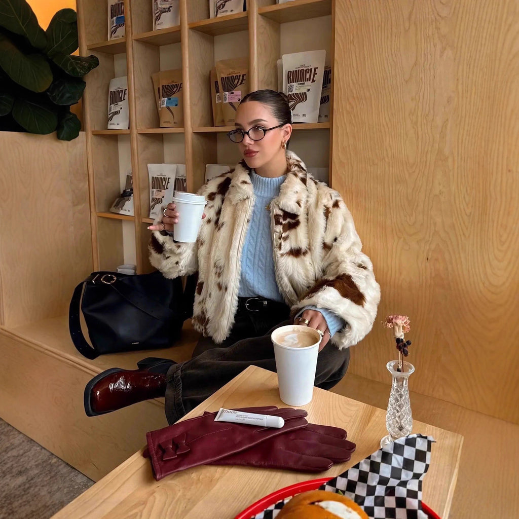 Women's Short Cropped Faux Fur Jacket with Stand-Up Collar and Spot Pattern Fashion Glam
