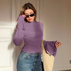 Ladies Fitted Ribbed Long Sleeve Shirt with Stand-up Collar and Ruffled Hem Fashion Glam