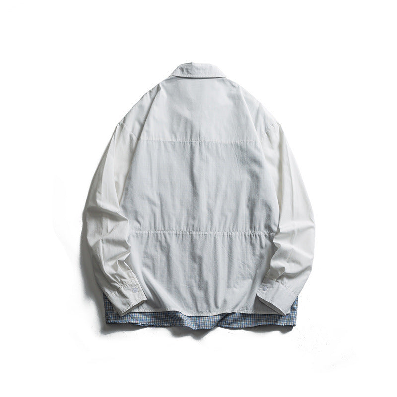 Men's layered look overshirt with patch front pockets, loose fit and checked underlay Fashion Glam