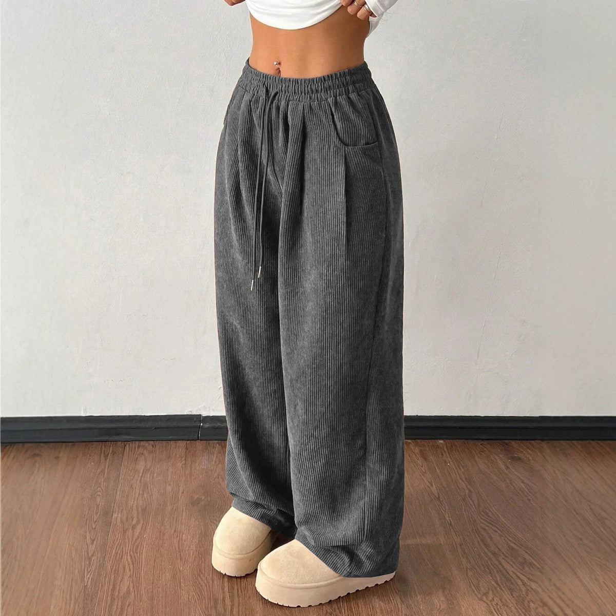 Ladies cord pants with wide leg, elastic waistband and drawstring Fashion Glam