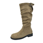 Women's suede knee-high boots with gathered shaft and adjustable buckle tab Fashion Glam