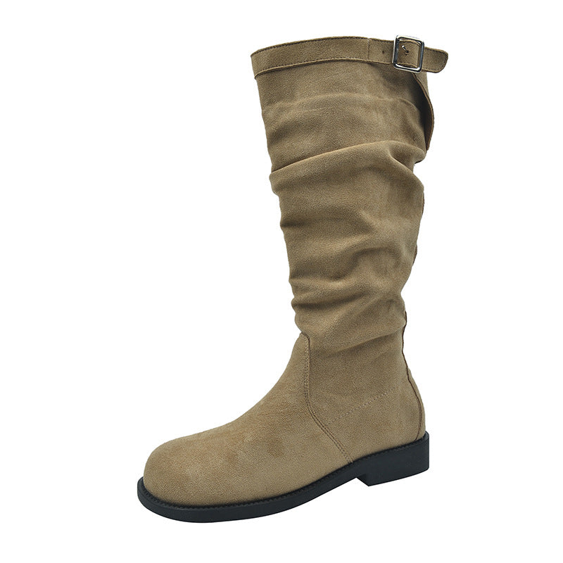 Women's suede knee-high boots with gathered shaft and adjustable buckle tab Fashion Glam