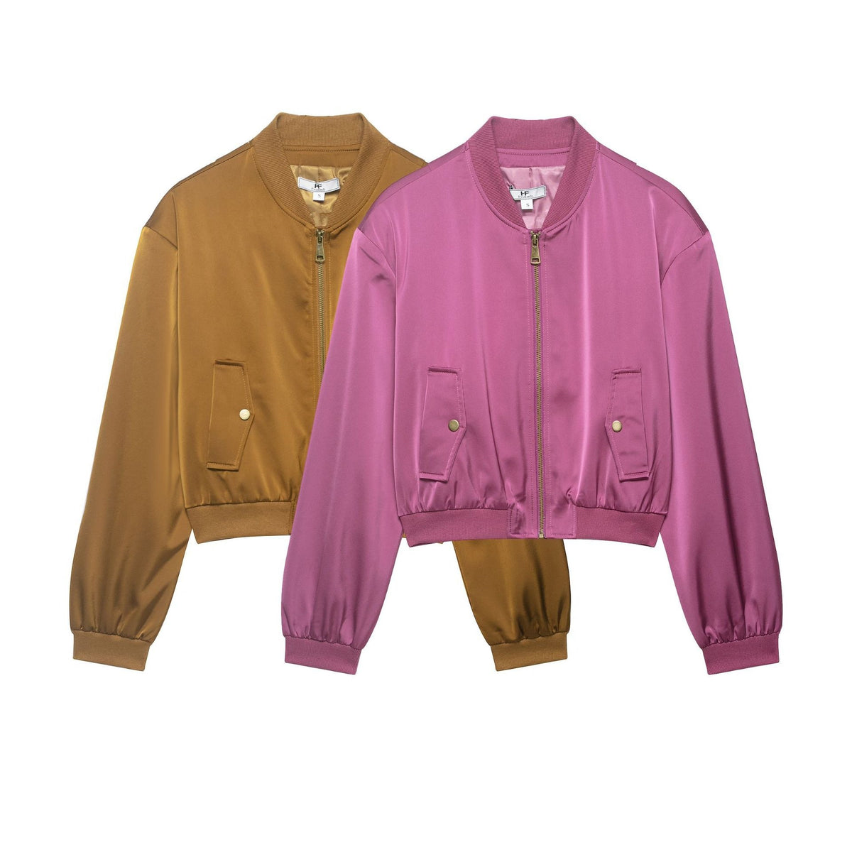Women's cropped satin bomber jacket with ribbed hem and applied flap pockets Fashion Glam