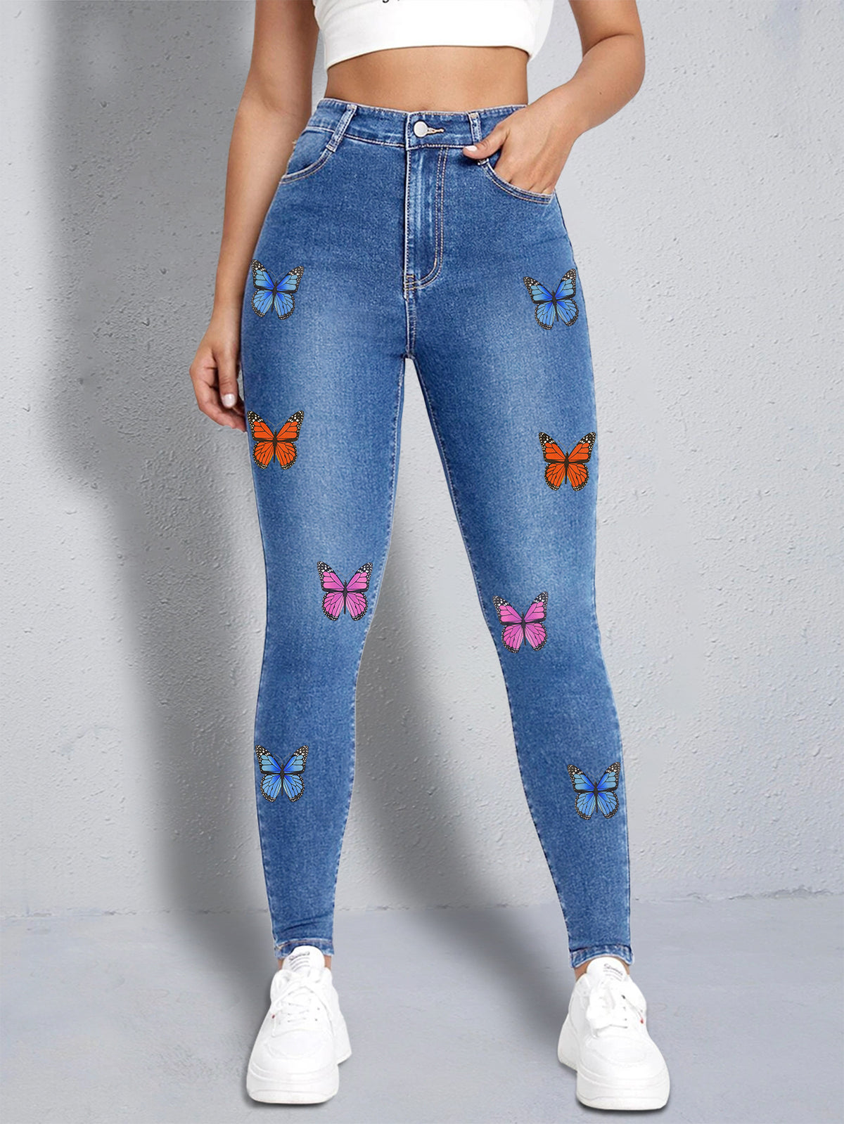 Women slim-fit high-waist jeans leggings with colorful butterfly print Fashion Glam