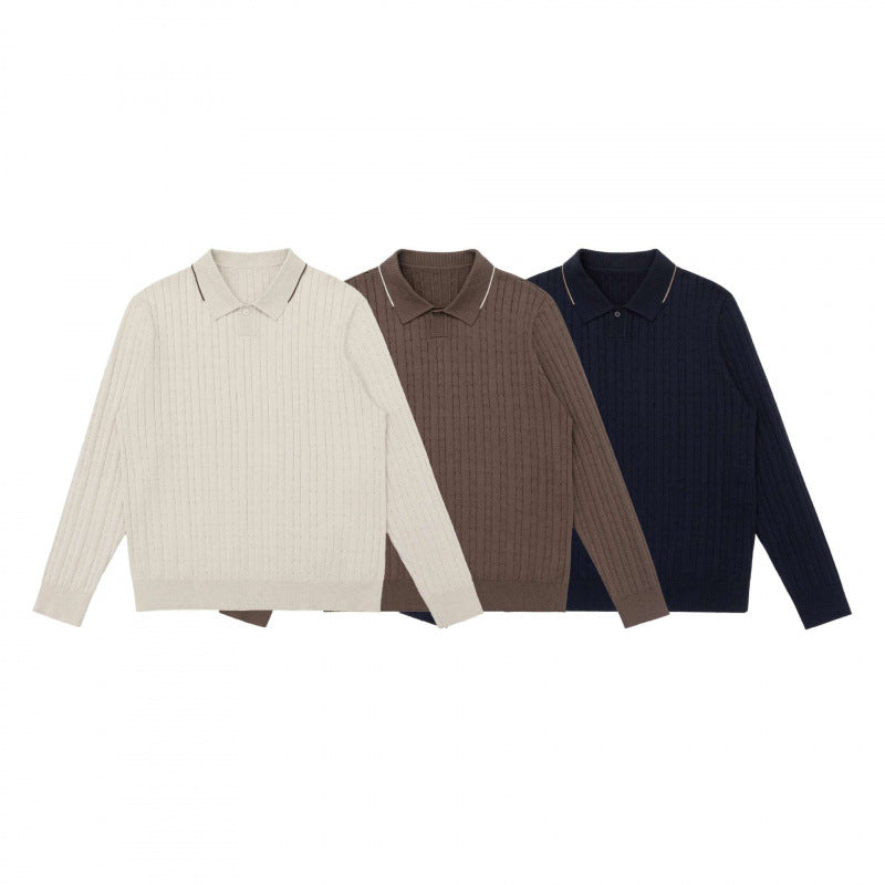 Men's polo collar knitted sweater with cable pattern and fine button placket Fashion Glam