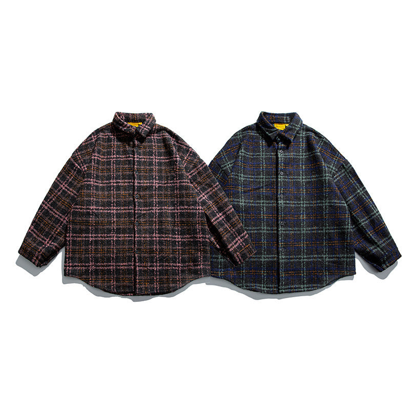Unisex Boucle Check Shirt Jacket with Quilted Lining, Rounded Hem and Shirt Collar Fashion Glam