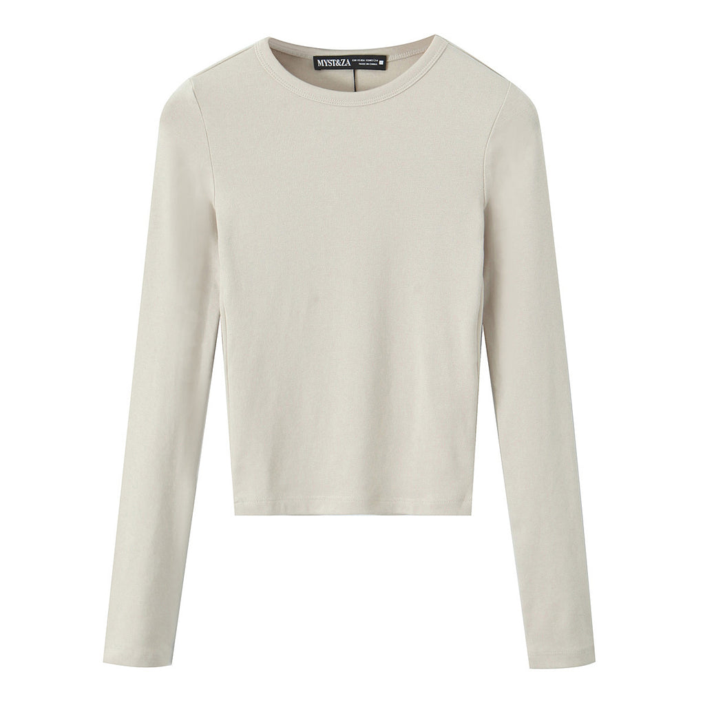 Women Striped Cropped Long Sleeve Shirt with Round Neckline Fashion Glam