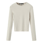 Women Striped Cropped Long Sleeve Shirt with Round Neckline Fashion Glam