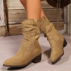 Ladies Velvet Leather Slouch Cowboy Boots with Low Block Heel Fashion Glam