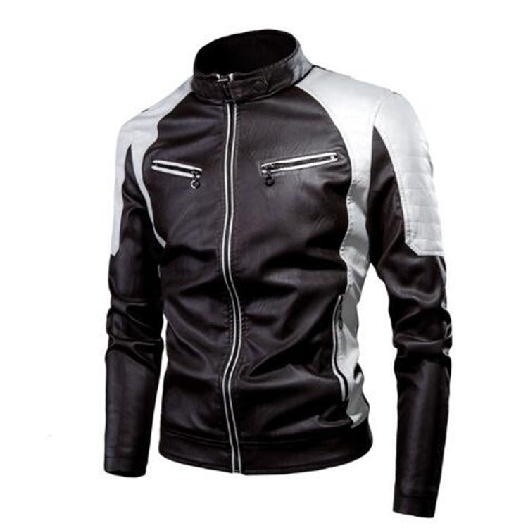 Men's Slim Fit Motorcycle Faux Leather Jacket with Contrast Panels, Quilted Shoulders and Zipper Pockets Fashion Glam