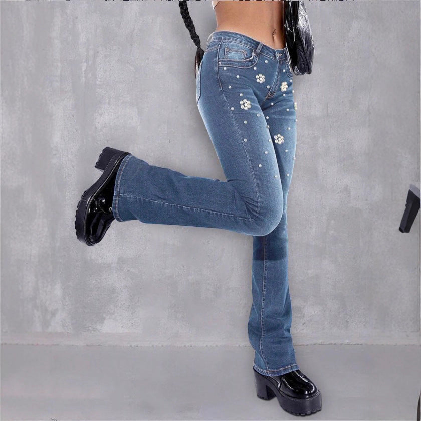 Women's slim bootcut jeans with pearl and flower appliqués Fashion Glam