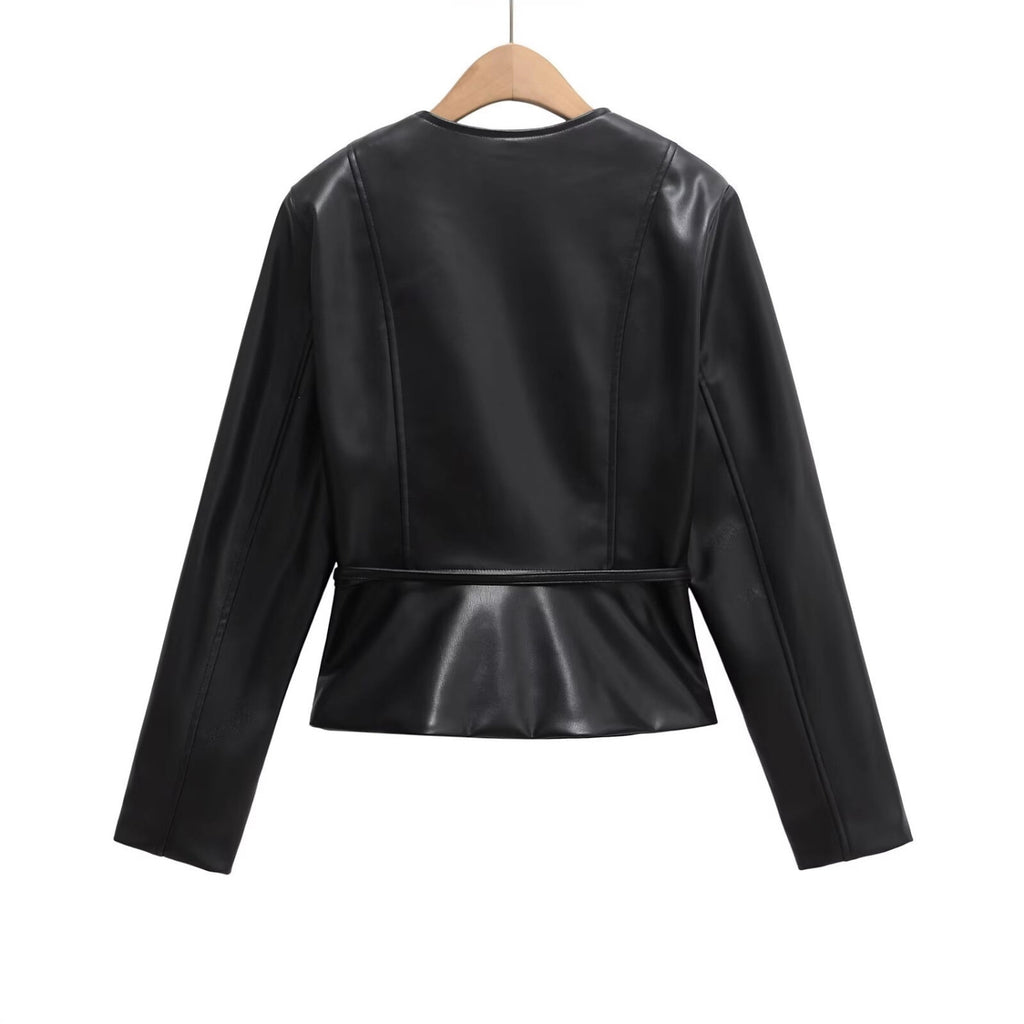 Women's Collarless Faux Leather Jacket with Zipper and Waistband Fashion Glam