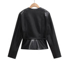 Women's Collarless Faux Leather Jacket with Zipper and Waistband Fashion Glam
