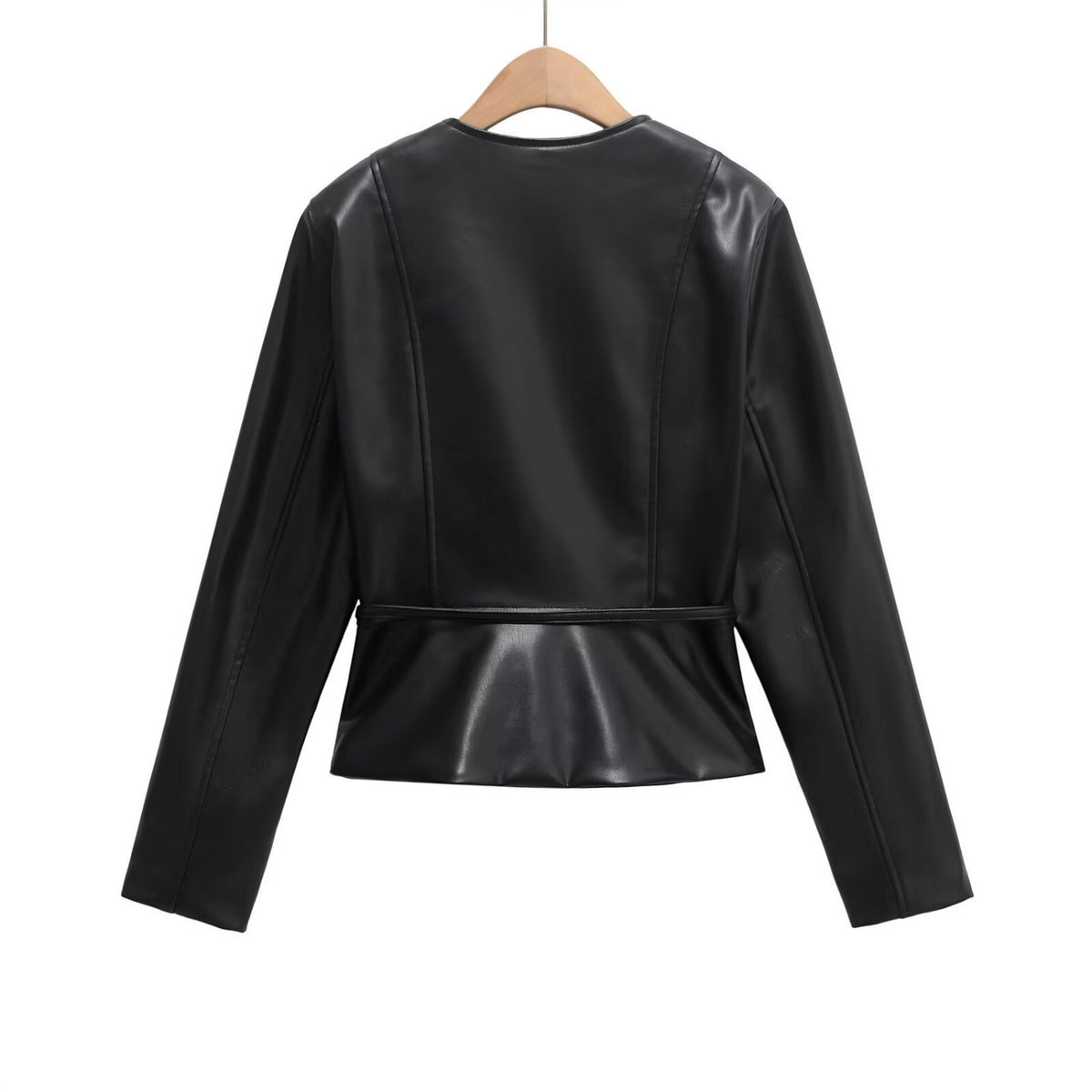 Women's Collarless Faux Leather Jacket with Zipper and Waistband Fashion Glam
