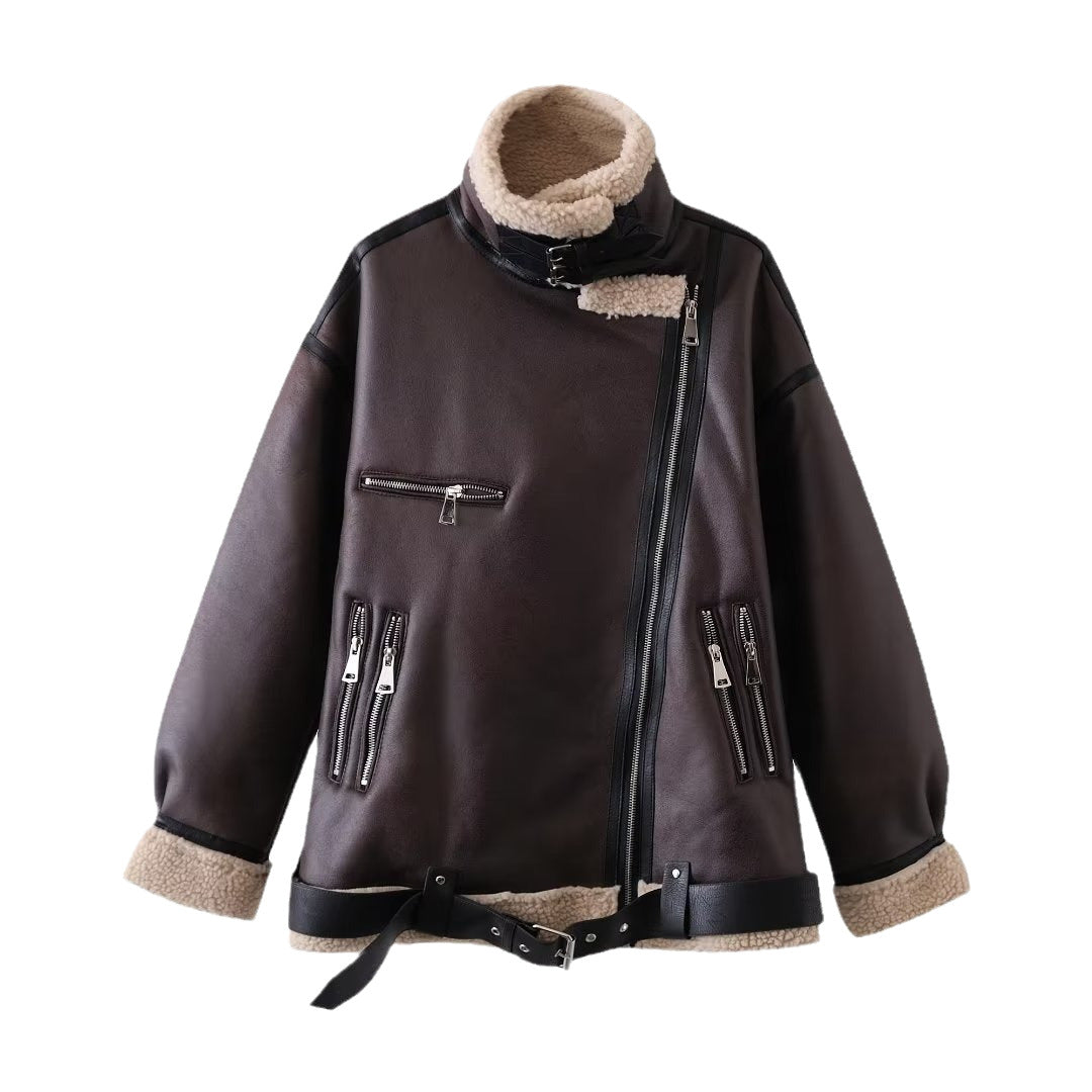 Women's Casual Aviator Biker Jacket in Vintage Leather Look with Sherpa Lining Fashion Glam
