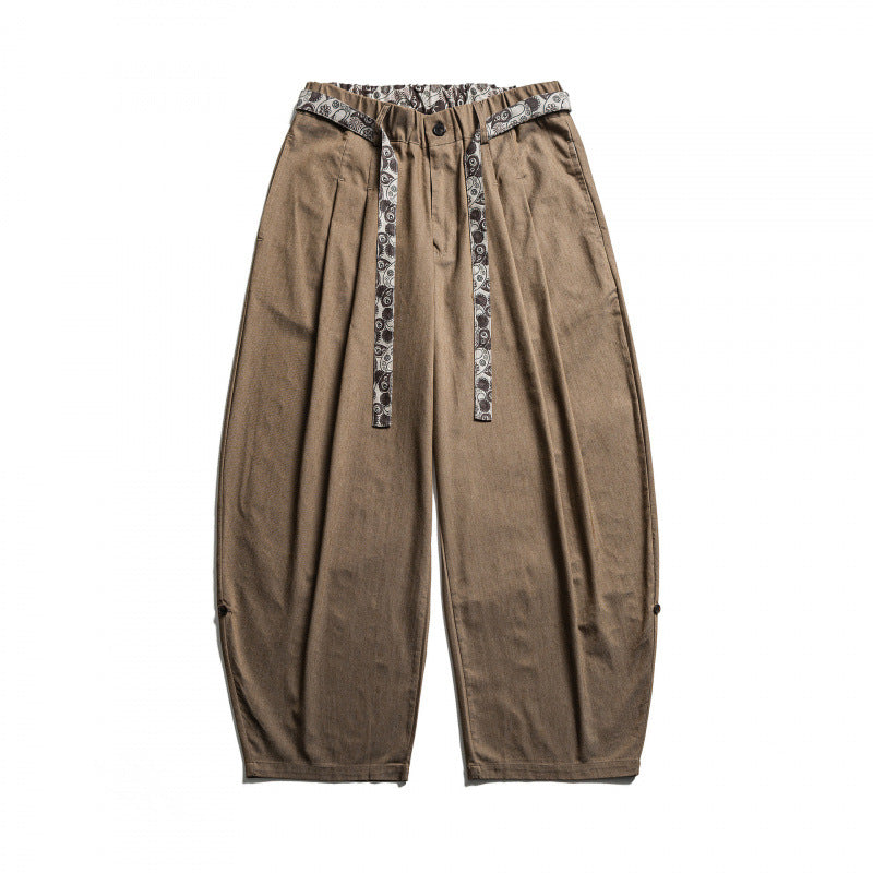 Men's Loose Highwaist Pleated Pants with Elastic Waistband and Printed Drawstring Fashion Glam