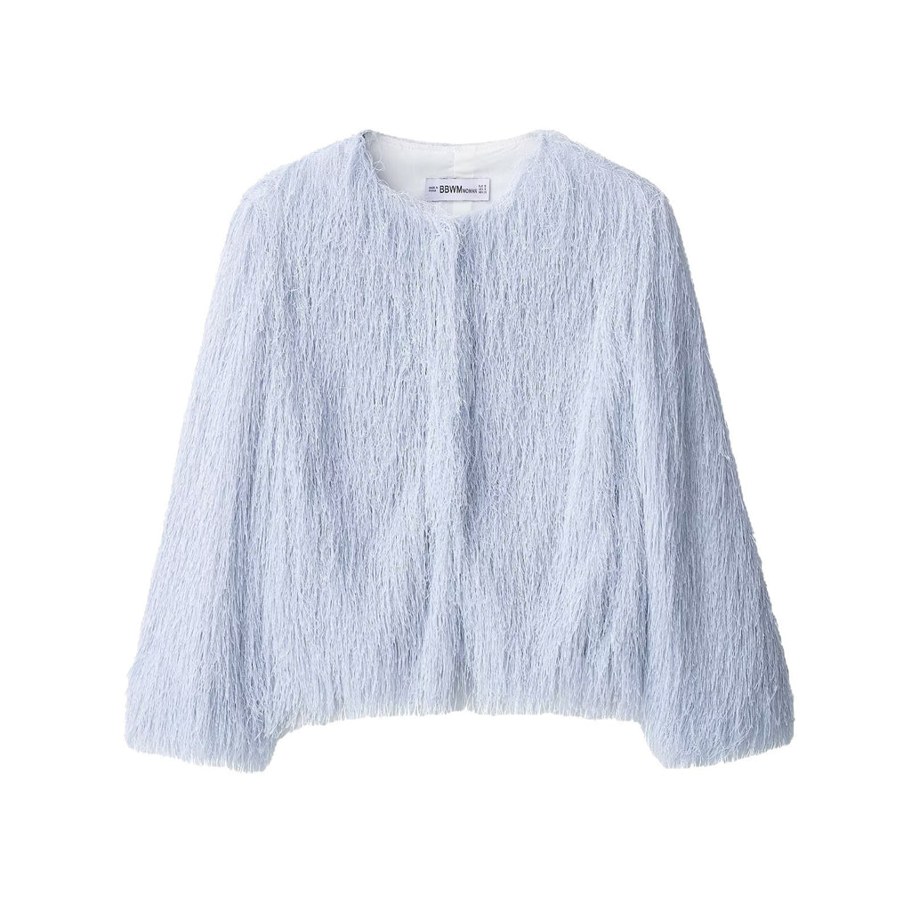 Women's Fluffy Fringe Jacket with Round Neckline and Boxy Cut Fashion Glam