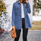 Women's tailored longline denim jacket with gathered waist, snap-button placket & frayed hem Fashion Glam