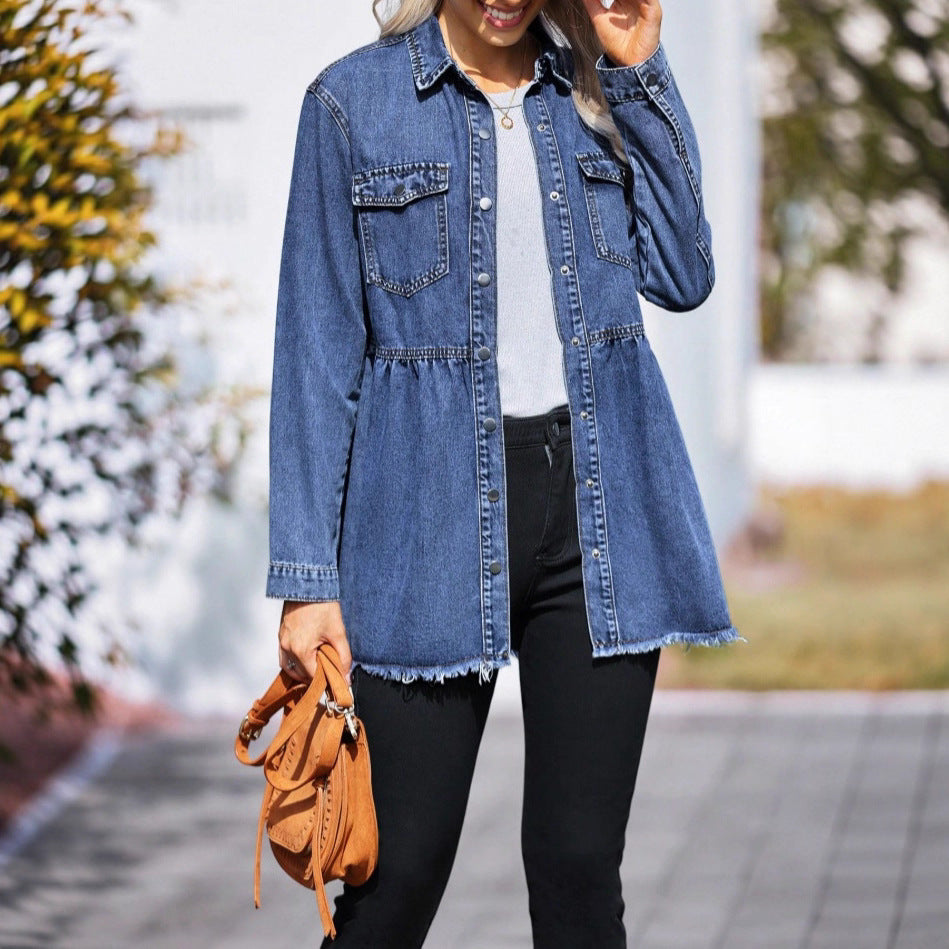 Women's tailored longline denim jacket with gathered waist, snap-button placket & frayed hem Fashion Glam