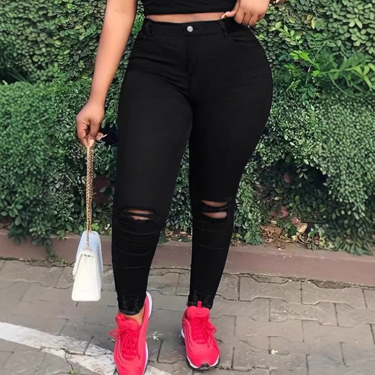 Women high-waisted body-shaping skinny jeans with knee rips and butt-lifting waistband Fashion Glam