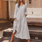 Ladies Long Tiered Dress made of Linen Blend with V-Neck and Side Pockets Fashion Glam