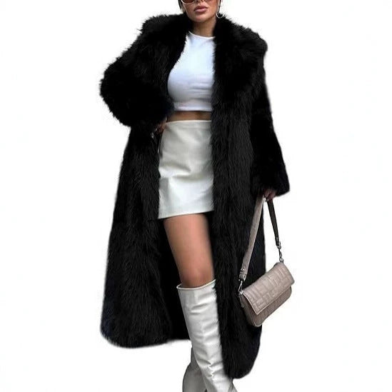 Women's Elegant Maxi Faux Fur Coat with Wide Shawl Collar and Straight Cut Fashion Glam