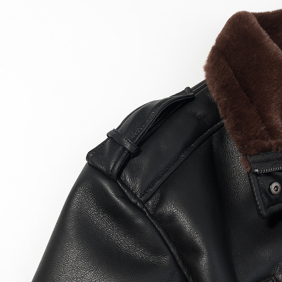 Women short-cut pilot jacket made of leather look with soft fur collar Fashion Glam