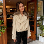 Women's double-breasted blouson with removable faux fur collar, waist drawstring and adjustable cuffs Fashion Glam