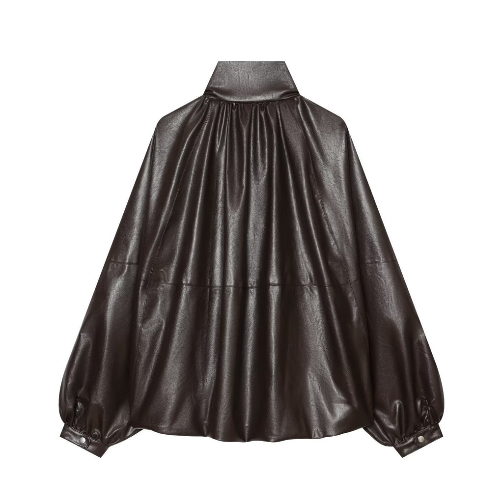 Women Oversized Leather-Like Cape with Stand Collar and Balloon Sleeves Fashion Glam
