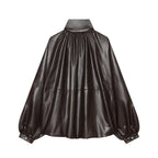 Women Oversized Leather-Like Cape with Stand Collar and Balloon Sleeves Fashion Glam