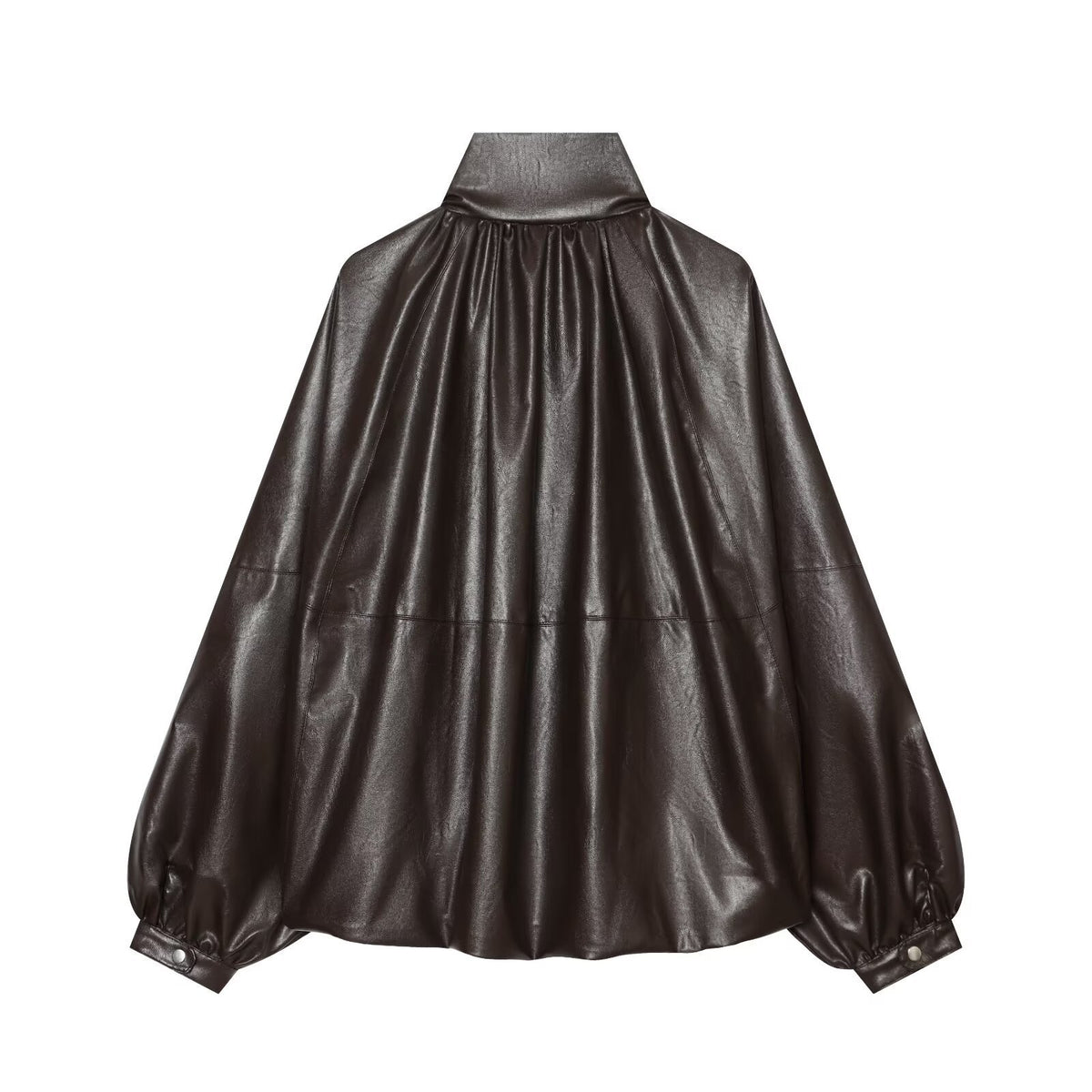 Women Oversized Leather-Like Cape with Stand Collar and Balloon Sleeves Fashion Glam