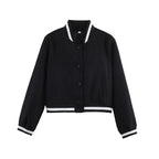 Women's short-cut college bomber jacket with ribbed striped collar and snap button placket Fashion Glam