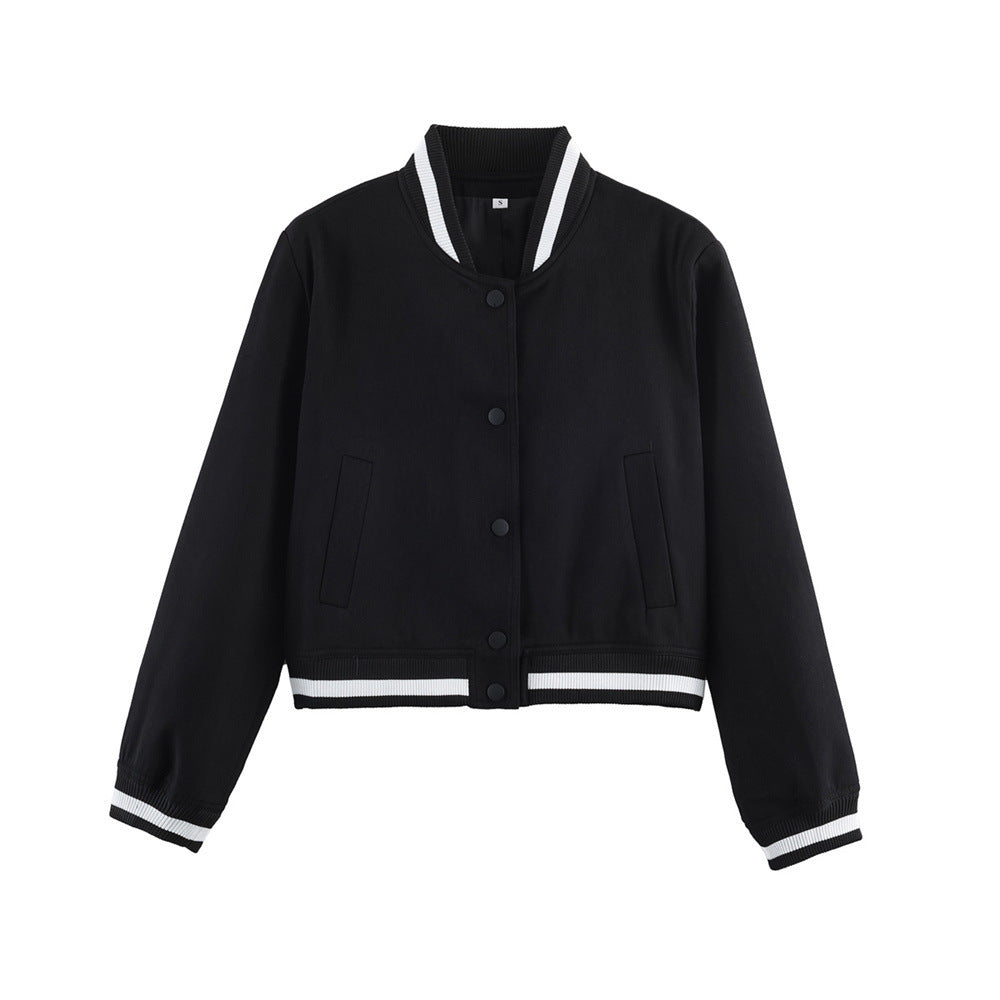 Women's short-cut college bomber jacket with ribbed striped collar and snap button placket Fashion Glam