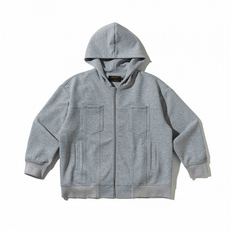 Unisex Oversize Hooded Zip Jacket made of Waffle Knit with Chest and Slash Pockets Fashion Glam