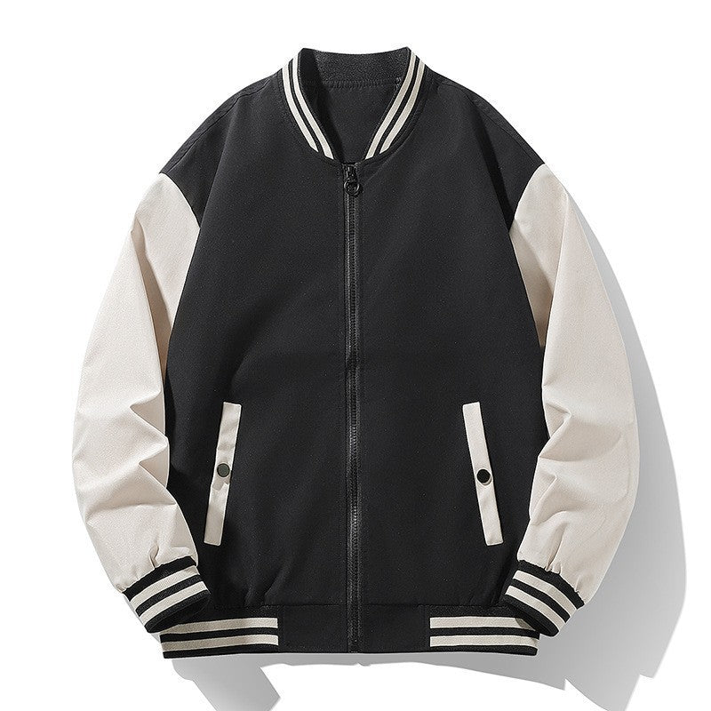 Men's lightweight college bomber jacket with contrasting striped ribbed collar and full zip Fashion Glam