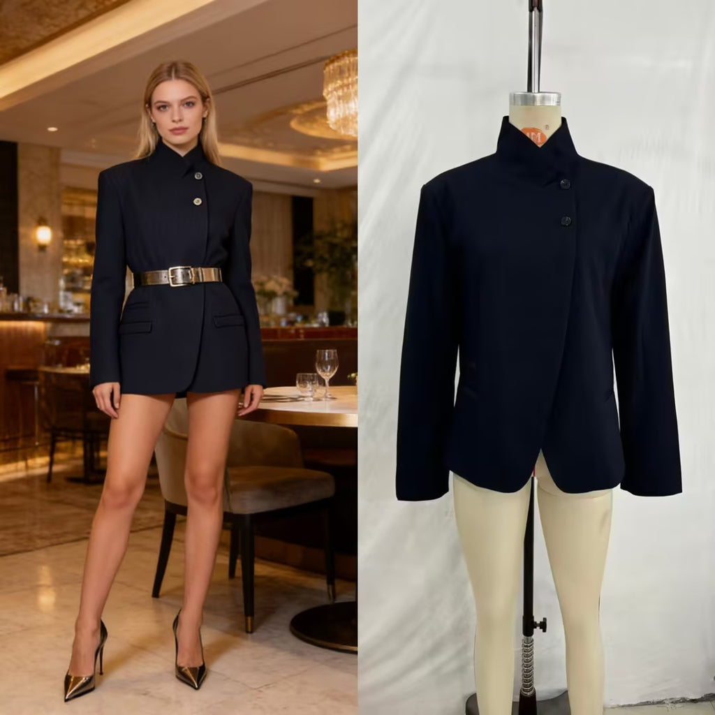 Women's tailored blazer with stand-up collar and asymmetrical button placket Fashion Glam