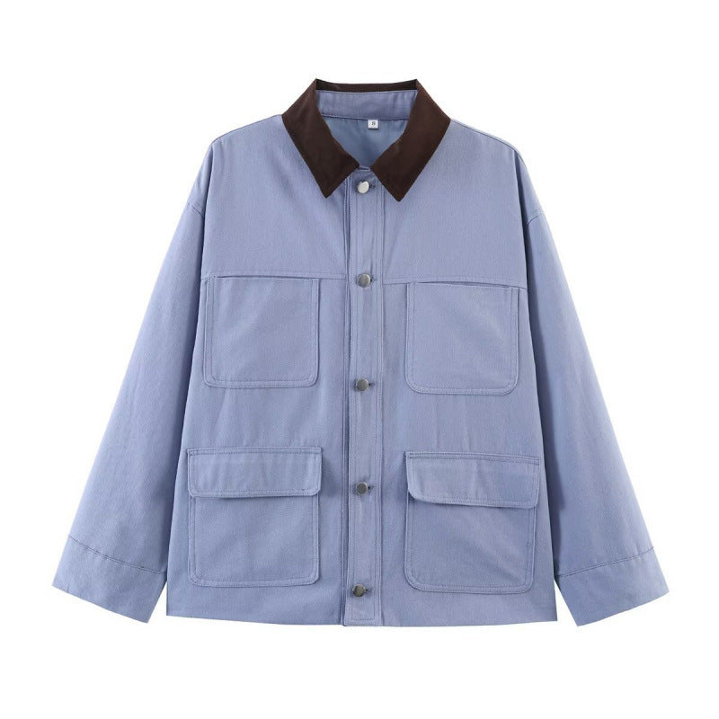 Women's Overshirt Jacket with Contrast Collar and Four Patch Pockets Fashion Glam