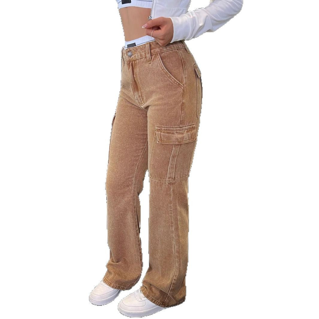 Women High-Cut Cargo Jeans in Flared Cut with Drawstring Cuffs Fashion Glam
