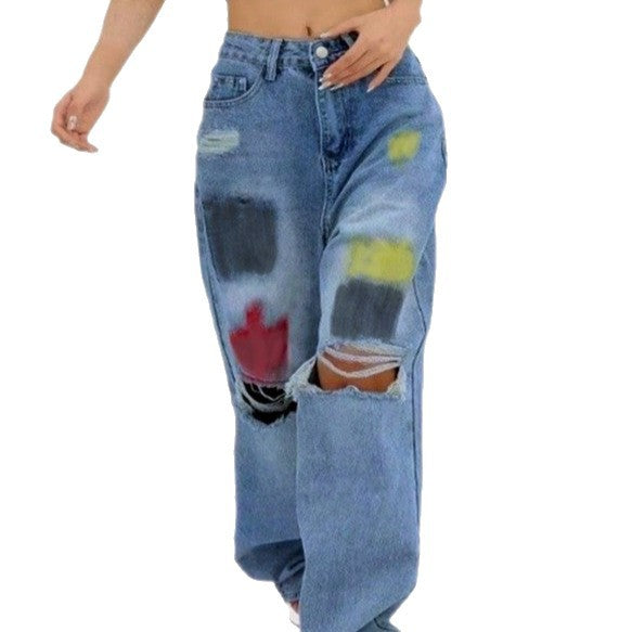 Women's wide Denim jeans with paint splatter and distressed knees Fashion Glam