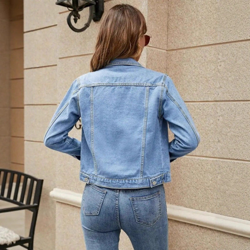 Ladies short-cut tailored denim jacket in trucker style Fashion Glam