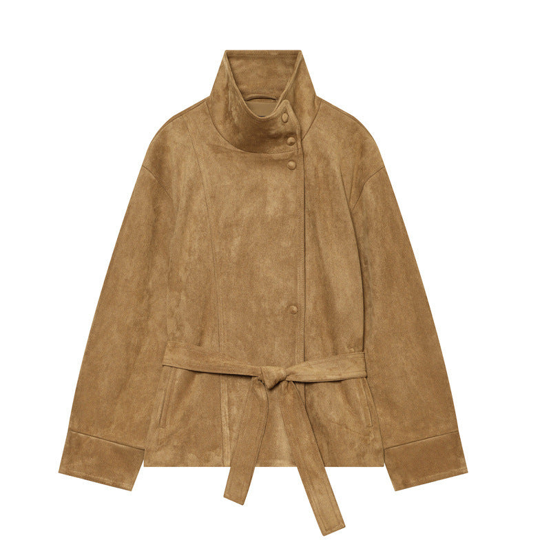 Women's short jacket in boxy cut made of suede look with high stand-up collar and tie belt Fashion Glam