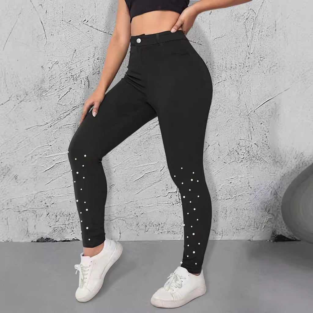 Women's High-Waist Stretch-Jeggings in Denim Look with Pearl Scatter Fashion Glam