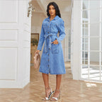 Ladies' midi dress made of denim with a waist belt and continuous button placket Fashion Glam